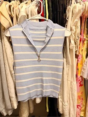 Striped Light Blue & White Sleeveless Zip Knit Top